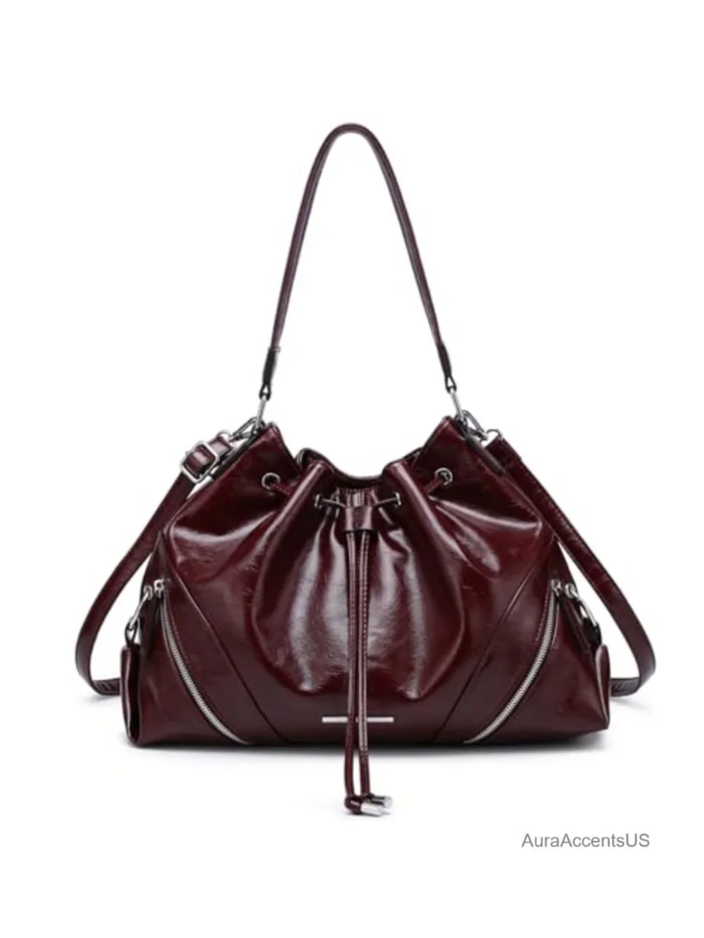 Vegan Leather Hobo Drawstring Bucket Tote Bag with 7 Pockets